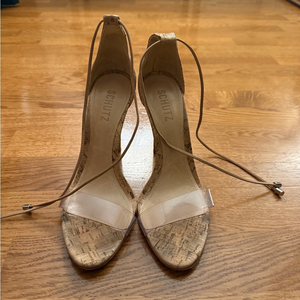 SCHUTZ Tan Cork Heels with Clear Strap